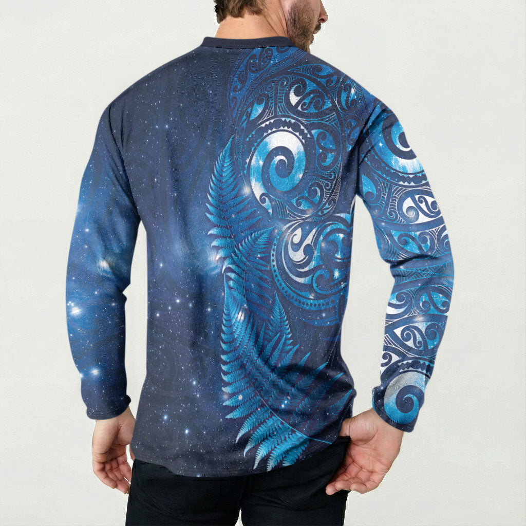 Aotearoa New Zealand New Year Button Sweatshirt Tribal Koru Tattoo Blue Galaxy Maori Silver Fern