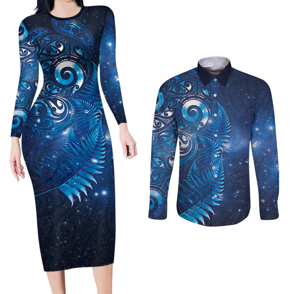 Aotearoa New Zealand New Year Couples Matching Long Sleeve Bodycon Dress and Long Sleeve Button Shirt Tribal Koru Tattoo Blue Galaxy Maori Silver Fern LT03 Blue - Polynesian Pride