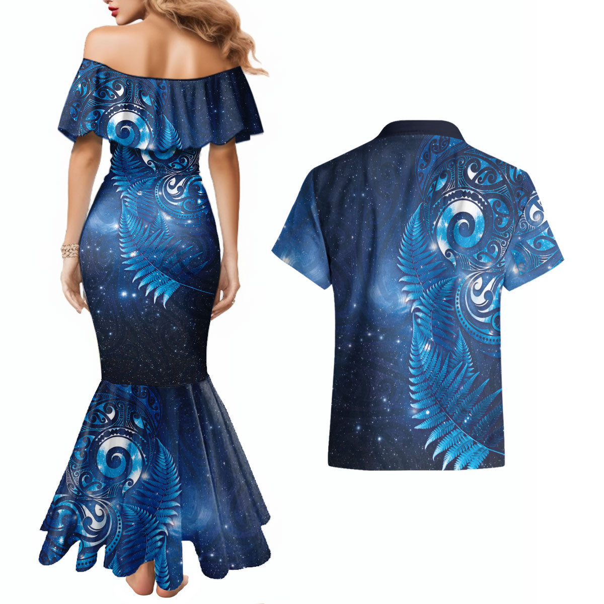 Aotearoa New Zealand New Year Couples Matching Mermaid Dress and Hawaiian Shirt Tribal Koru Tattoo Blue Galaxy Maori Silver Fern LT03 - Polynesian Pride