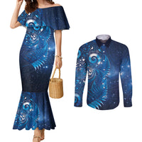 Aotearoa New Zealand New Year Couples Matching Mermaid Dress and Long Sleeve Button Shirt Tribal Koru Tattoo Blue Galaxy Maori Silver Fern LT03 Blue - Polynesian Pride