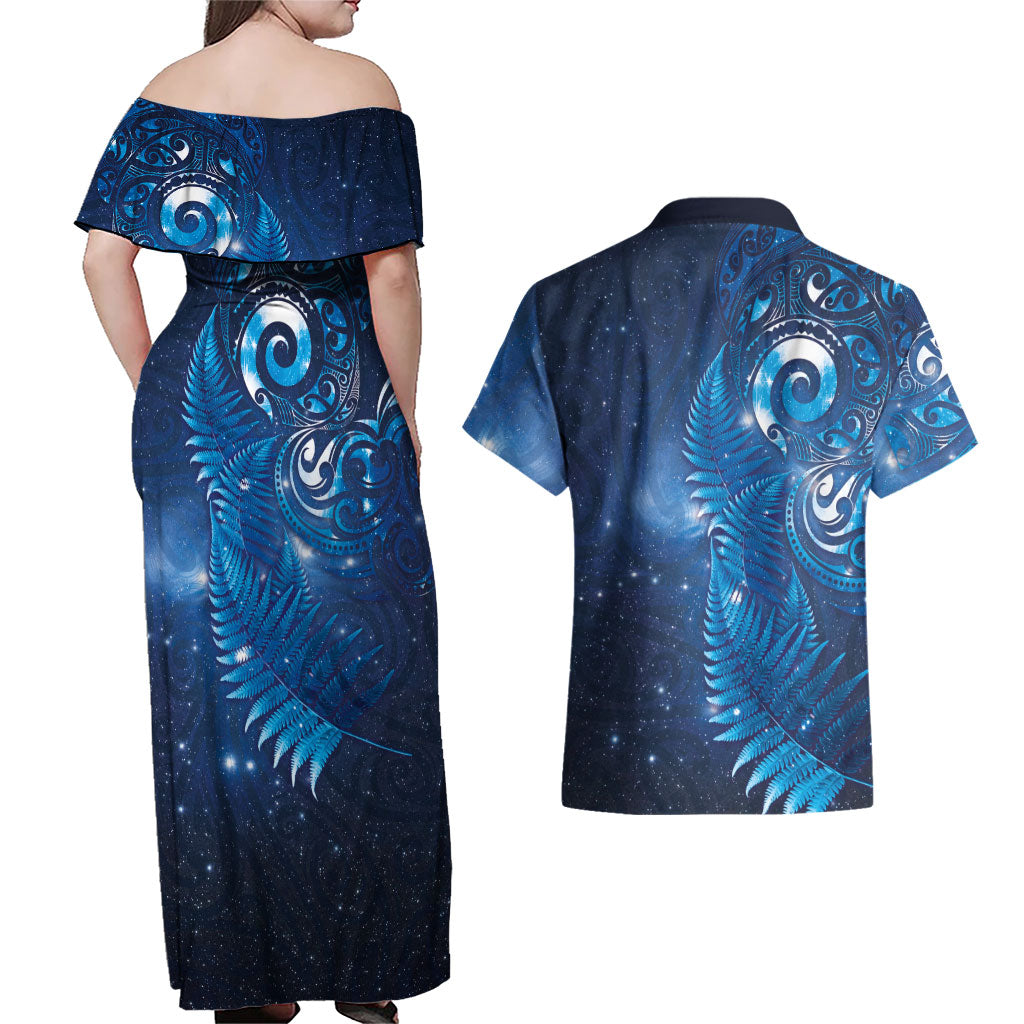 Aotearoa New Zealand New Year Couples Matching Off Shoulder Maxi Dress and Hawaiian Shirt Tribal Koru Tattoo Blue Galaxy Maori Silver Fern LT03 - Polynesian Pride