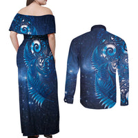 Aotearoa New Zealand New Year Couples Matching Off Shoulder Maxi Dress and Long Sleeve Button Shirt Tribal Koru Tattoo Blue Galaxy Maori Silver Fern LT03 - Polynesian Pride
