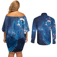 Aotearoa New Zealand New Year Couples Matching Off Shoulder Short Dress and Long Sleeve Button Shirt Tribal Koru Tattoo Blue Galaxy Maori Silver Fern LT03 - Polynesian Pride