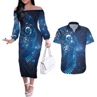 Aotearoa New Zealand New Year Couples Matching Off The Shoulder Long Sleeve Dress and Hawaiian Shirt Tribal Koru Tattoo Blue Galaxy Maori Silver Fern LT03 Blue - Polynesian Pride