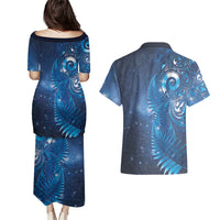 Aotearoa New Zealand New Year Couples Matching Puletasi and Hawaiian Shirt Tribal Koru Tattoo Blue Galaxy Maori Silver Fern LT03 - Polynesian Pride