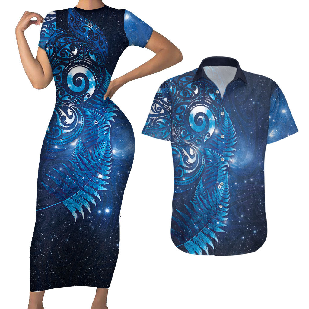 Aotearoa New Zealand New Year Couples Matching Short Sleeve Bodycon Dress and Hawaiian Shirt Tribal Koru Tattoo Blue Galaxy Maori Silver Fern