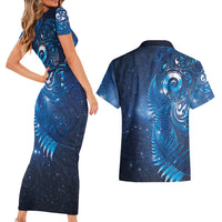 Aotearoa New Zealand New Year Couples Matching Short Sleeve Bodycon Dress and Hawaiian Shirt Tribal Koru Tattoo Blue Galaxy Maori Silver Fern LT03 - Polynesian Pride