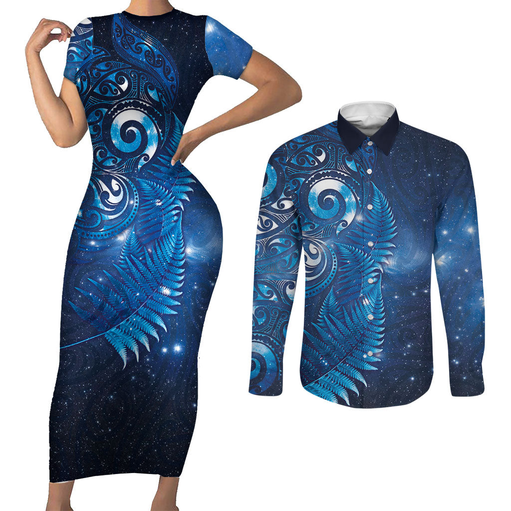 Aotearoa New Zealand New Year Couples Matching Short Sleeve Bodycon Dress and Long Sleeve Button Shirt Tribal Koru Tattoo Blue Galaxy Maori Silver Fern