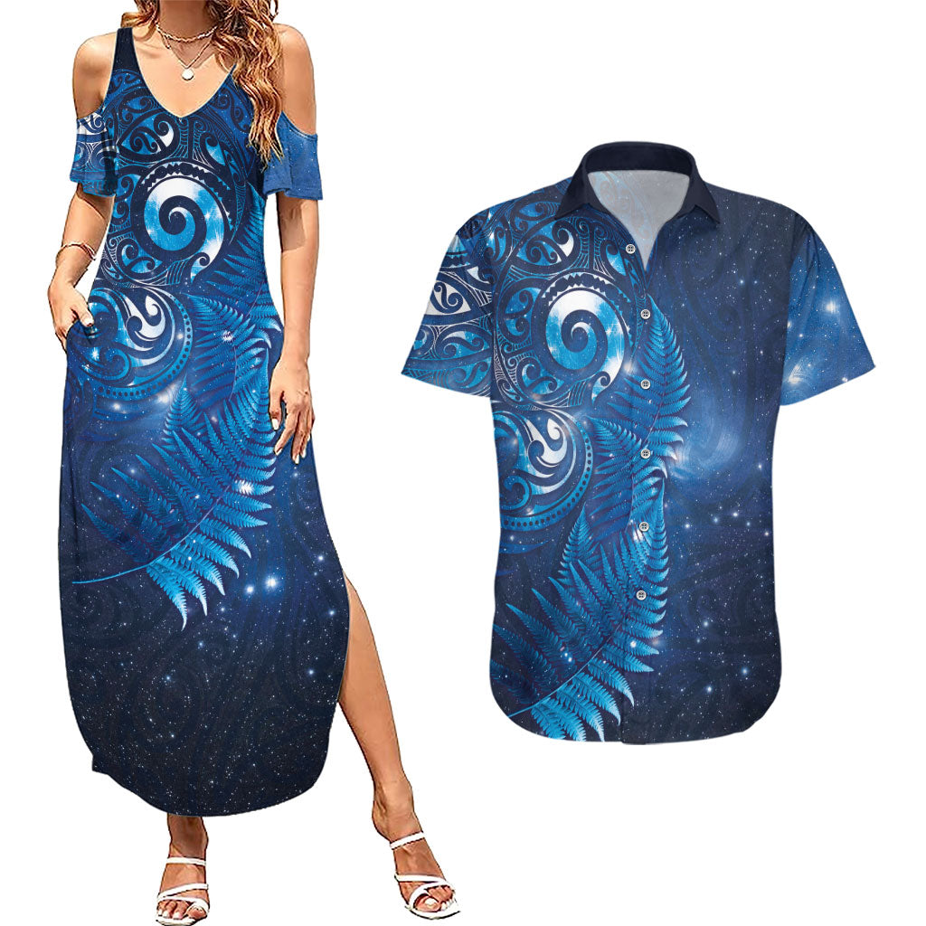 Aotearoa New Zealand New Year Couples Matching Summer Maxi Dress and Hawaiian Shirt Tribal Koru Tattoo Blue Galaxy Maori Silver Fern