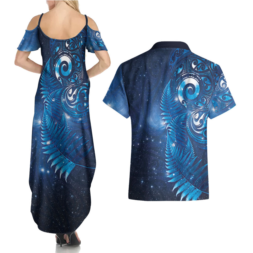 Aotearoa New Zealand New Year Couples Matching Summer Maxi Dress and Hawaiian Shirt Tribal Koru Tattoo Blue Galaxy Maori Silver Fern LT03 - Polynesian Pride