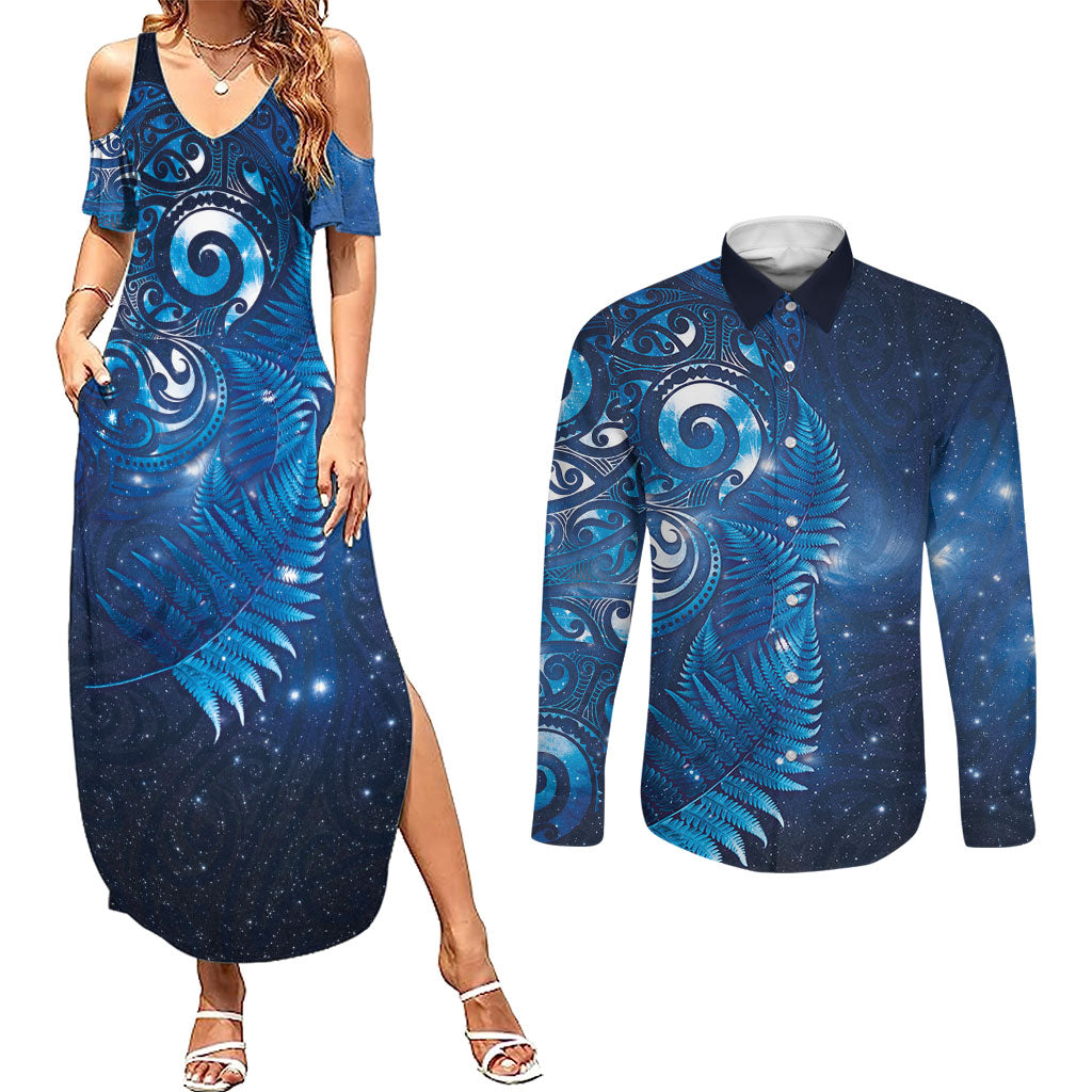 Aotearoa New Zealand New Year Couples Matching Summer Maxi Dress and Long Sleeve Button Shirt Tribal Koru Tattoo Blue Galaxy Maori Silver Fern LT03 Blue - Polynesian Pride