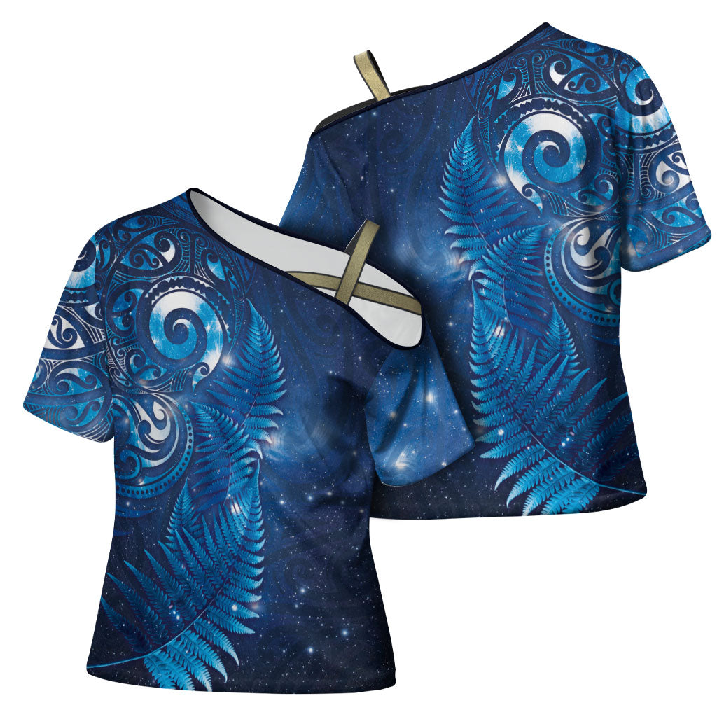 Aotearoa New Zealand New Year Cross Shoulder Shirt Tribal Koru Tattoo Blue Galaxy Maori Silver Fern LT03 - Polynesian Pride
