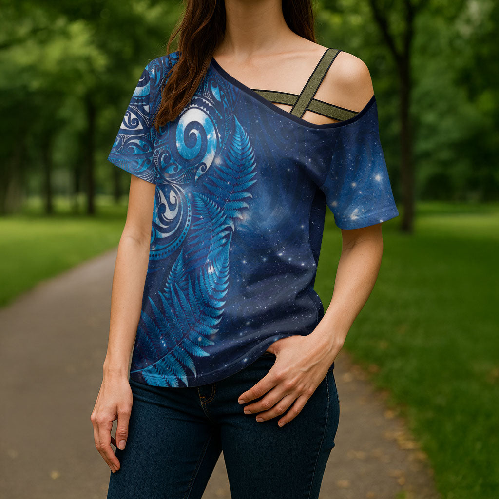 Aotearoa New Zealand New Year Cross Shoulder Shirt Tribal Koru Tattoo Blue Galaxy Maori Silver Fern LT03 - Polynesian Pride
