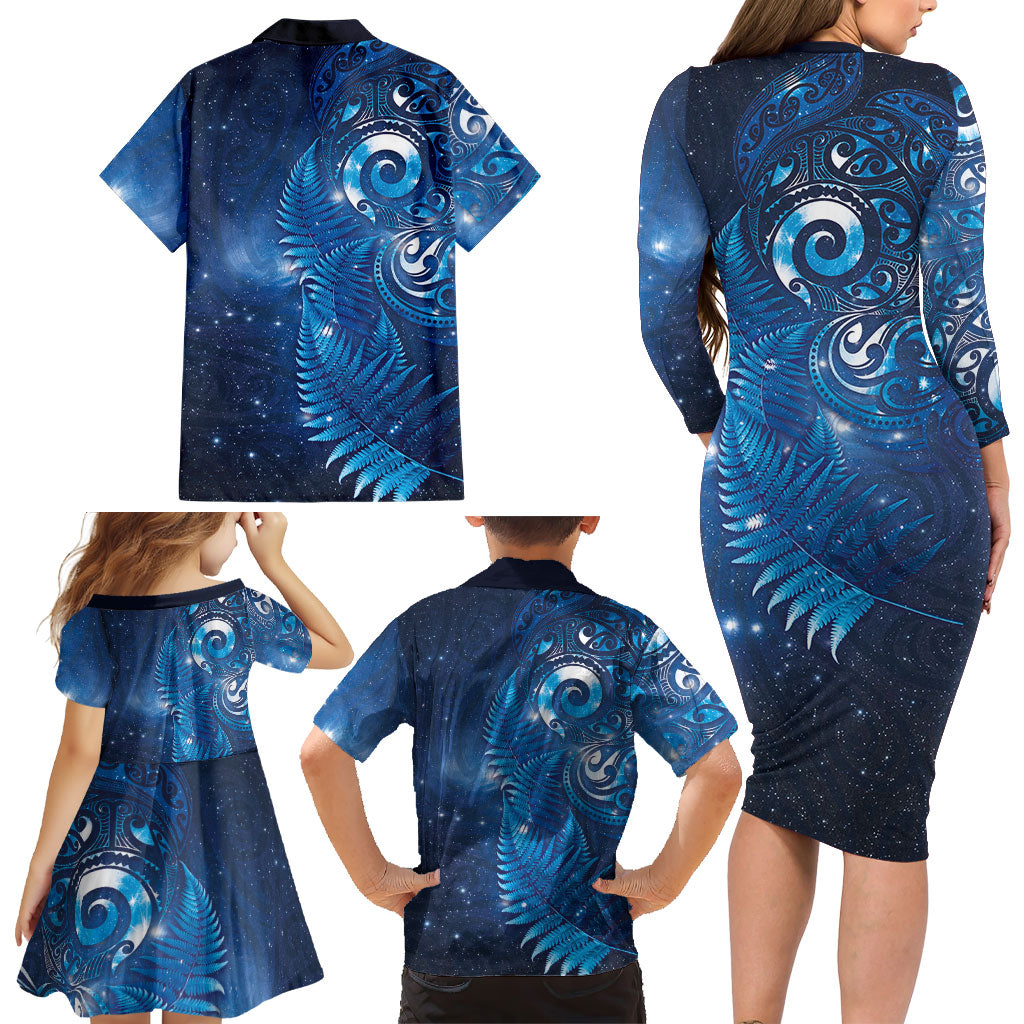 Aotearoa New Zealand New Year Family Matching Long Sleeve Bodycon Dress and Hawaiian Shirt Tribal Koru Tattoo Blue Galaxy Maori Silver Fern LT03 - Polynesian Pride