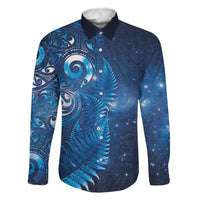 Aotearoa New Zealand New Year Family Matching Long Sleeve Bodycon Dress and Hawaiian Shirt Tribal Koru Tattoo Blue Galaxy Maori Silver Fern LT03 Dad's Shirt - Long Sleeve Blue - Polynesian Pride