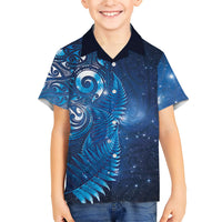 Aotearoa New Zealand New Year Family Matching Long Sleeve Bodycon Dress and Hawaiian Shirt Tribal Koru Tattoo Blue Galaxy Maori Silver Fern LT03 Son's Shirt Blue - Polynesian Pride