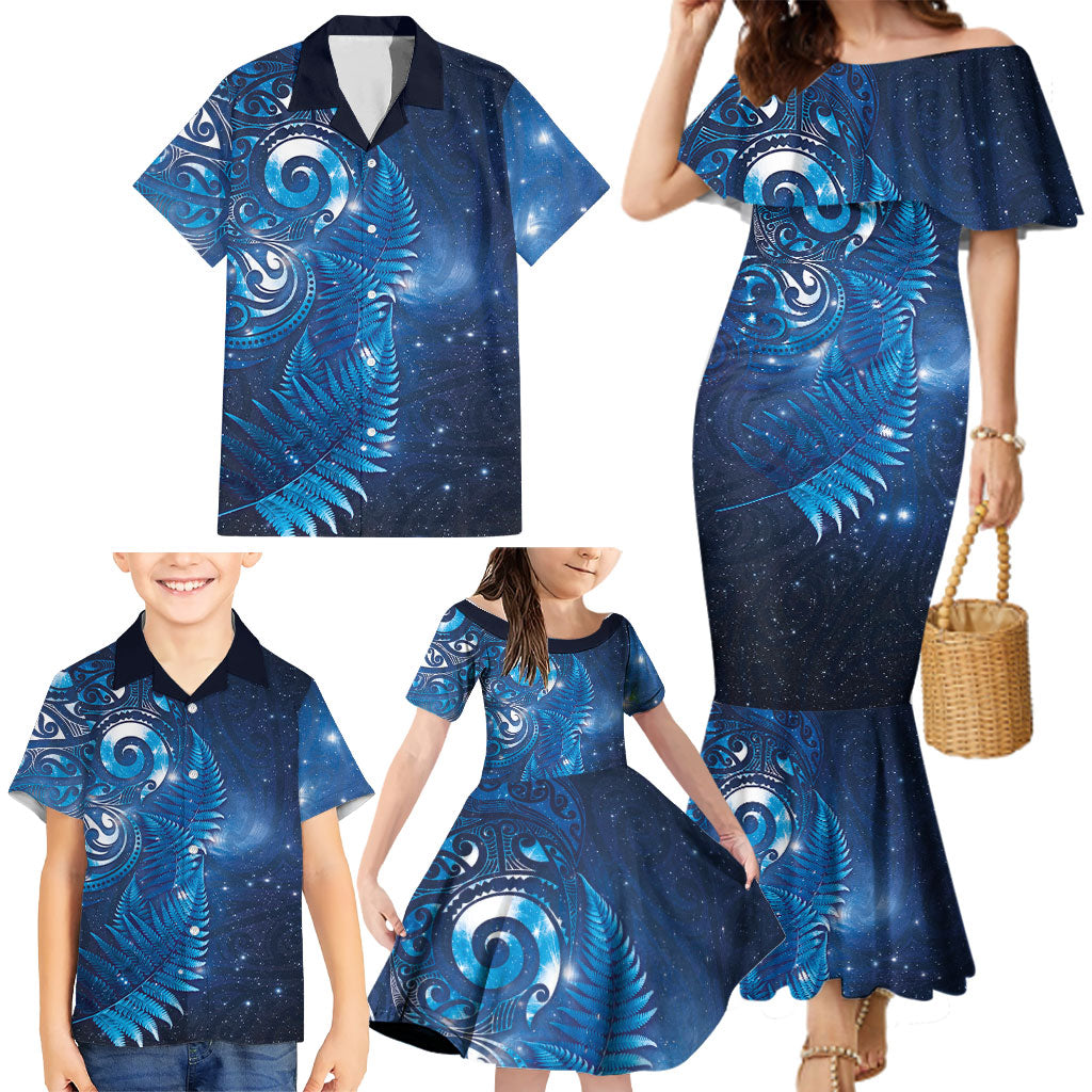 Aotearoa New Zealand New Year Family Matching Mermaid Dress and Hawaiian Shirt Tribal Koru Tattoo Blue Galaxy Maori Silver Fern