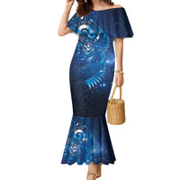 Aotearoa New Zealand New Year Family Matching Mermaid Dress and Hawaiian Shirt Tribal Koru Tattoo Blue Galaxy Maori Silver Fern LT03 Mom's Dress Blue - Polynesian Pride