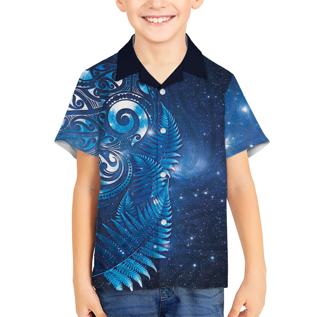 Aotearoa New Zealand New Year Family Matching Mermaid Dress and Hawaiian Shirt Tribal Koru Tattoo Blue Galaxy Maori Silver Fern LT03 Son's Shirt Blue - Polynesian Pride
