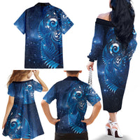 Aotearoa New Zealand New Year Family Matching Off The Shoulder Long Sleeve Dress and Hawaiian Shirt Tribal Koru Tattoo Blue Galaxy Maori Silver Fern LT03 - Polynesian Pride