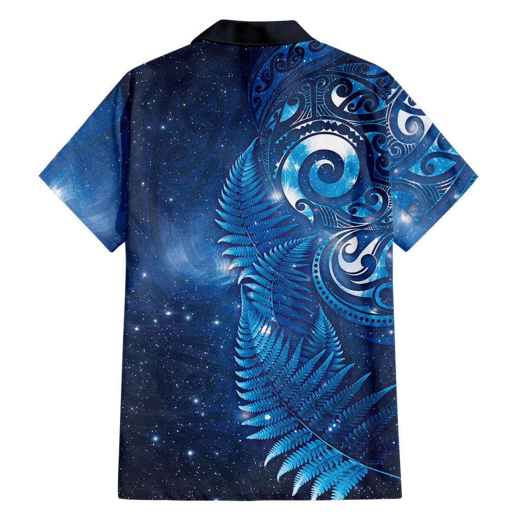 Aotearoa New Zealand New Year Family Matching Off The Shoulder Long Sleeve Dress and Hawaiian Shirt Tribal Koru Tattoo Blue Galaxy Maori Silver Fern LT03 - Polynesian Pride