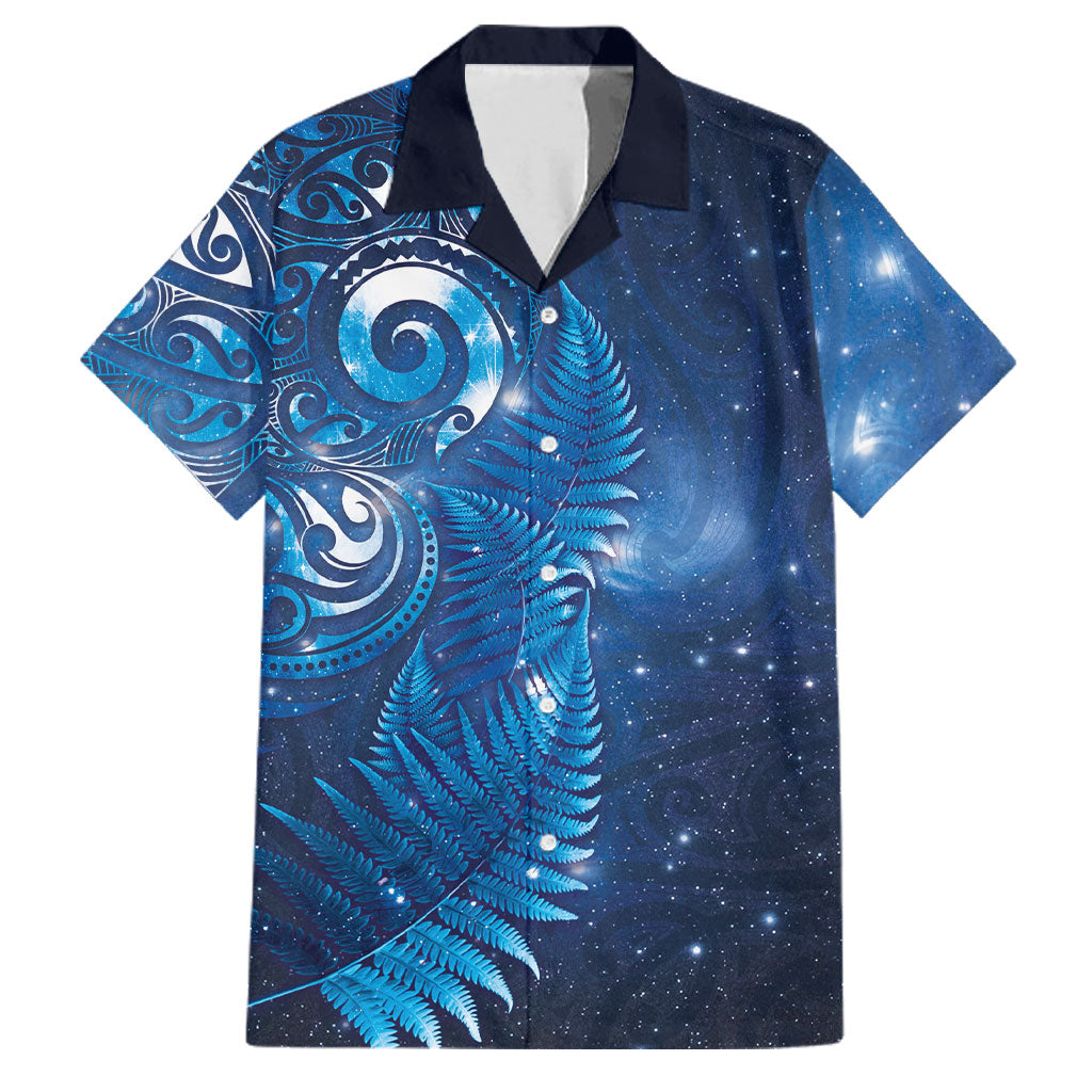 Aotearoa New Zealand New Year Family Matching Off Shoulder Short Dress and Hawaiian Shirt Tribal Koru Tattoo Blue Galaxy Maori Silver Fern LT03 Dad's Shirt - Short Sleeve Blue - Polynesian Pride