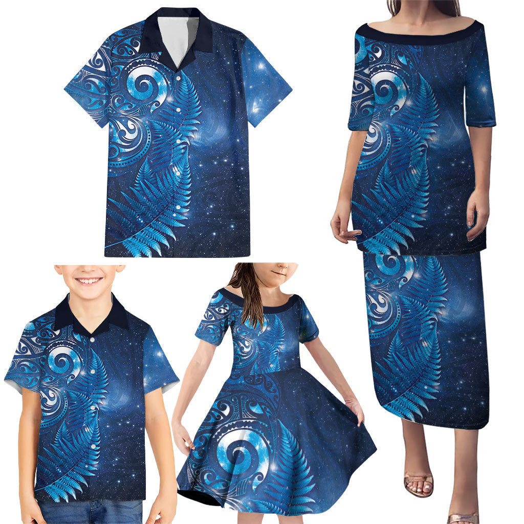 Aotearoa New Zealand New Year Family Matching Puletasi and Hawaiian Shirt Tribal Koru Tattoo Blue Galaxy Maori Silver Fern LT03 - Polynesian Pride