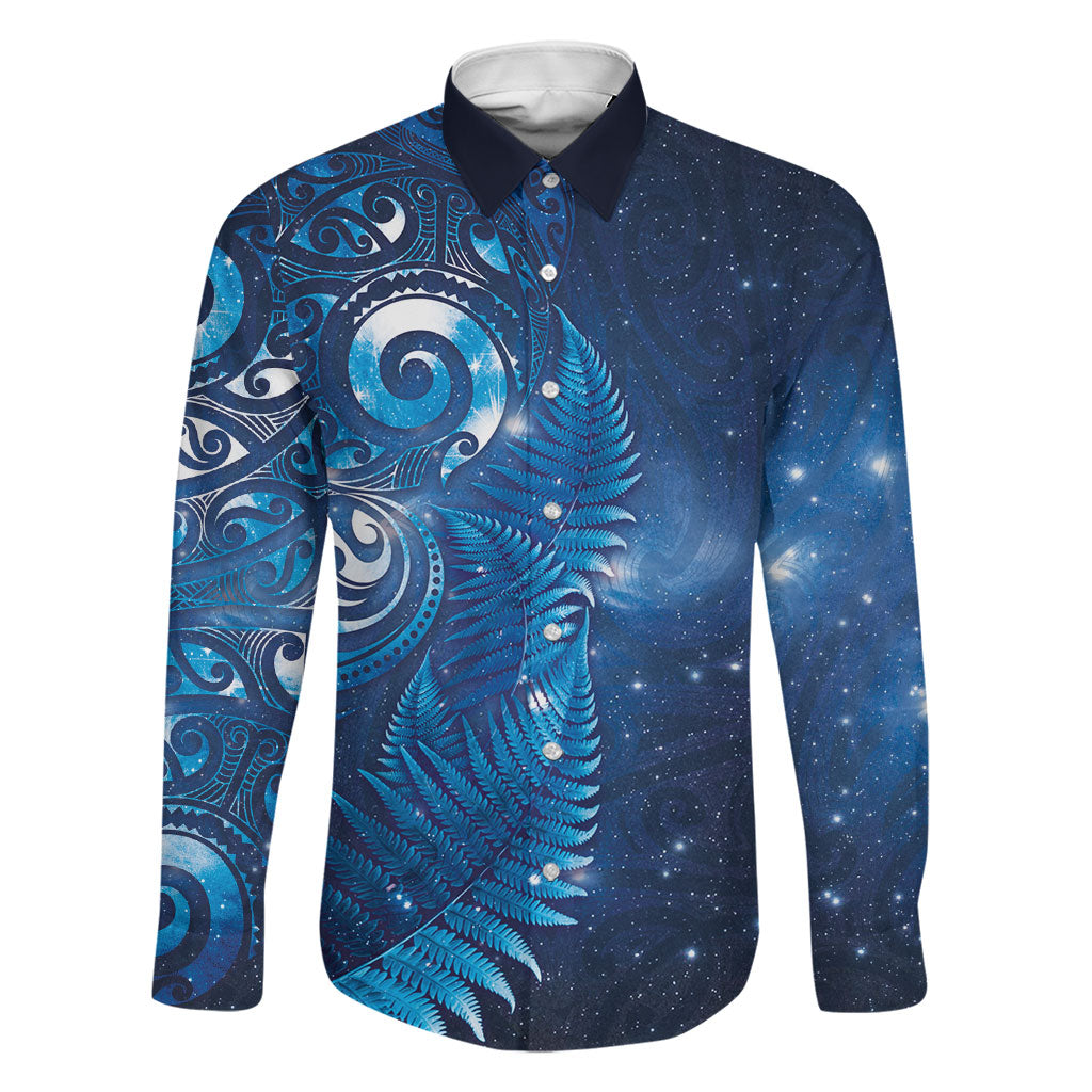 Aotearoa New Zealand New Year Family Matching Puletasi and Hawaiian Shirt Tribal Koru Tattoo Blue Galaxy Maori Silver Fern LT03 Dad's Shirt - Long Sleeve Blue - Polynesian Pride