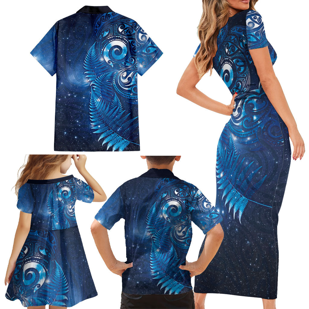 Aotearoa New Zealand New Year Family Matching Short Sleeve Bodycon Dress and Hawaiian Shirt Tribal Koru Tattoo Blue Galaxy Maori Silver Fern LT03 - Polynesian Pride