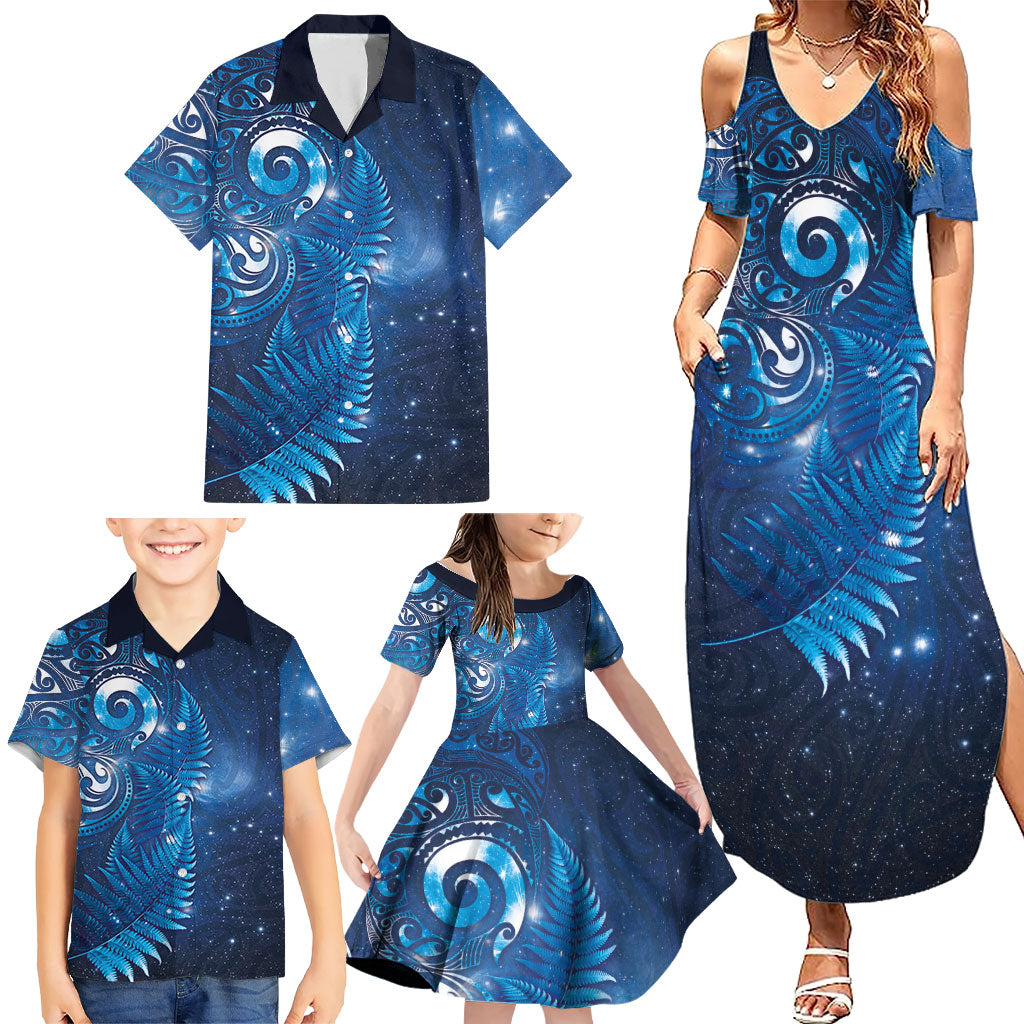 Aotearoa New Zealand New Year Family Matching Summer Maxi Dress and Hawaiian Shirt Tribal Koru Tattoo Blue Galaxy Maori Silver Fern LT03 - Polynesian Pride