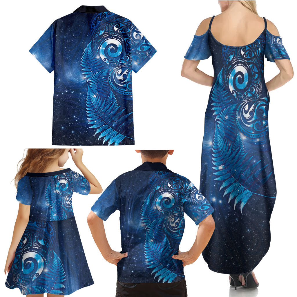 Aotearoa New Zealand New Year Family Matching Summer Maxi Dress and Hawaiian Shirt Tribal Koru Tattoo Blue Galaxy Maori Silver Fern LT03 - Polynesian Pride