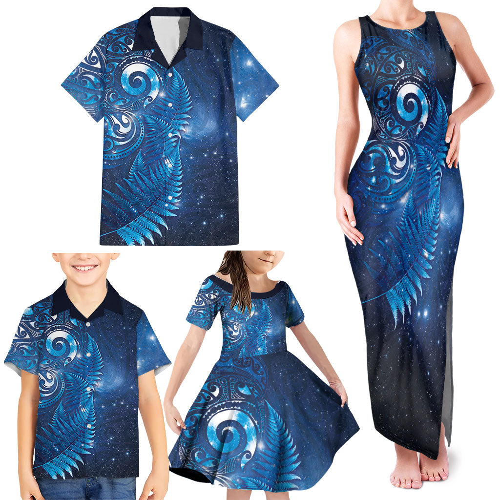 Aotearoa New Zealand New Year Family Matching Tank Maxi Dress and Hawaiian Shirt Tribal Koru Tattoo Blue Galaxy Maori Silver Fern
