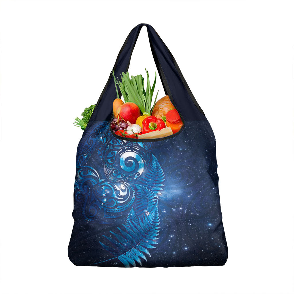 Aotearoa New Zealand New Year Grocery Bag Tribal Koru Tattoo Blue Galaxy Maori Silver Fern