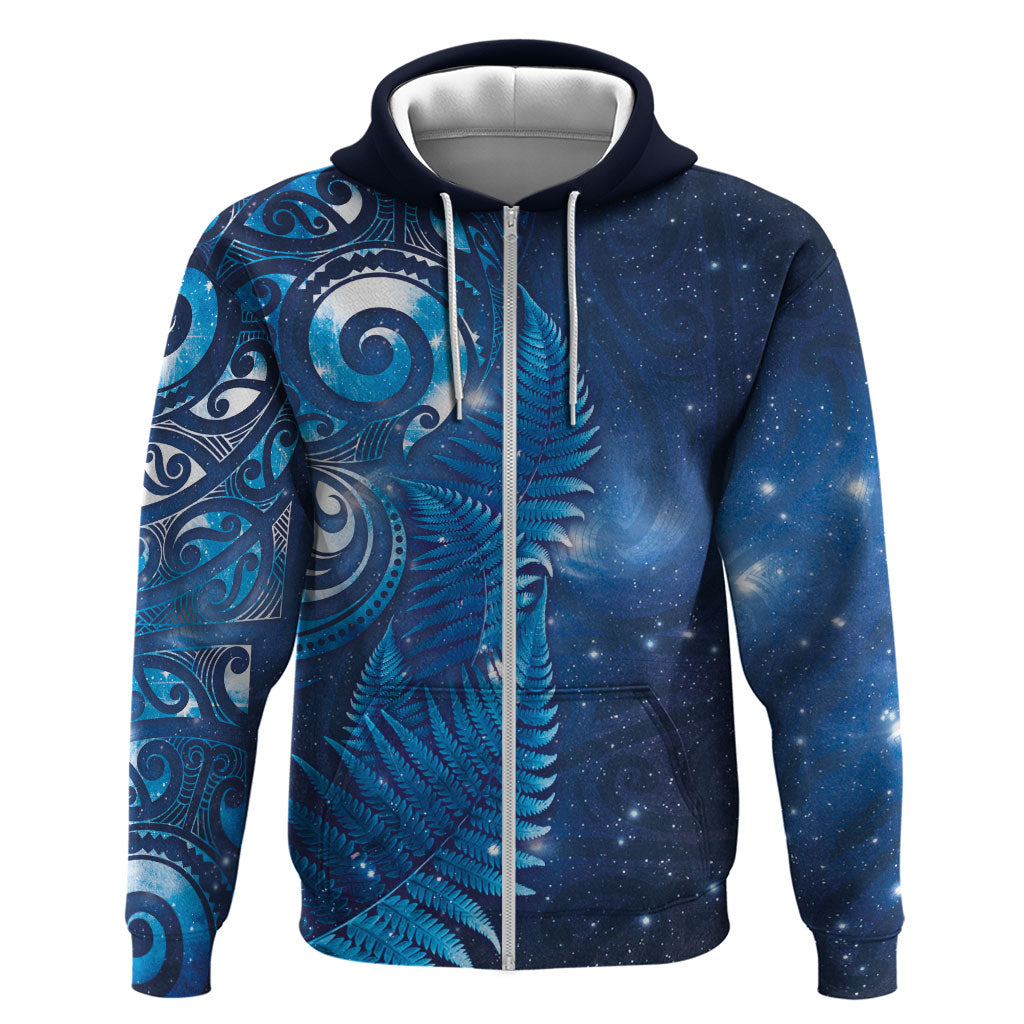 Aotearoa New Zealand New Year Hoodie Tribal Koru Tattoo Blue Galaxy Maori Silver Fern LT03 Zip Hoodie Blue - Polynesian Pride