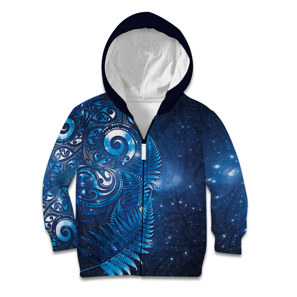 Aotearoa New Zealand New Year Kid Hoodie Tribal Koru Tattoo Blue Galaxy Maori Silver Fern LT03 Zip Hoodie Blue - Polynesian Pride