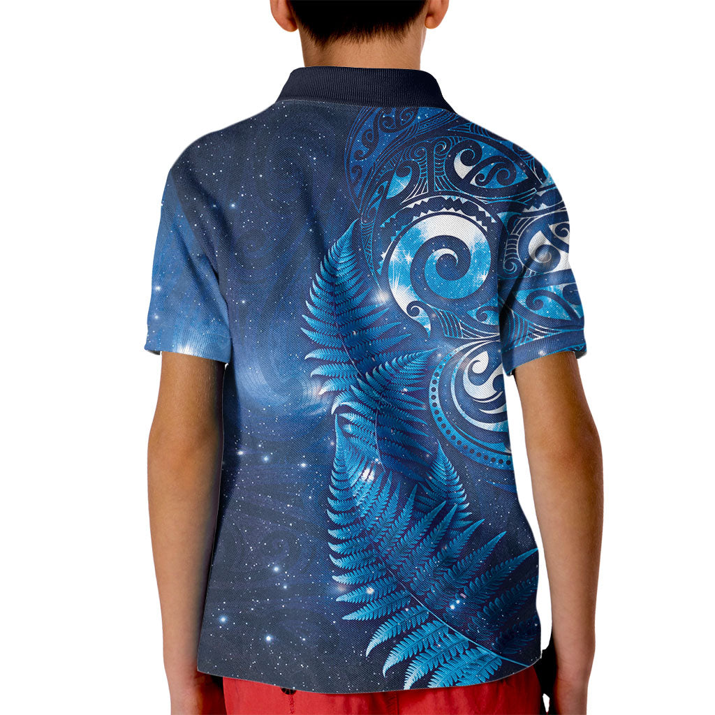 Aotearoa New Zealand New Year Kid Polo Shirt Tribal Koru Tattoo Blue Galaxy Maori Silver Fern LT03 - Polynesian Pride