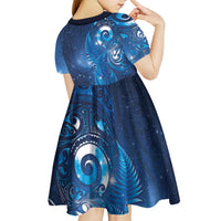 Aotearoa New Zealand New Year Kid Short Sleeve Dress Tribal Koru Tattoo Blue Galaxy Maori Silver Fern LT03 - Polynesian Pride
