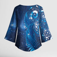 Aotearoa New Zealand New Year Kimono Sleeve Blouse Tribal Koru Tattoo Blue Galaxy Maori Silver Fern LT03 - Polynesian Pride