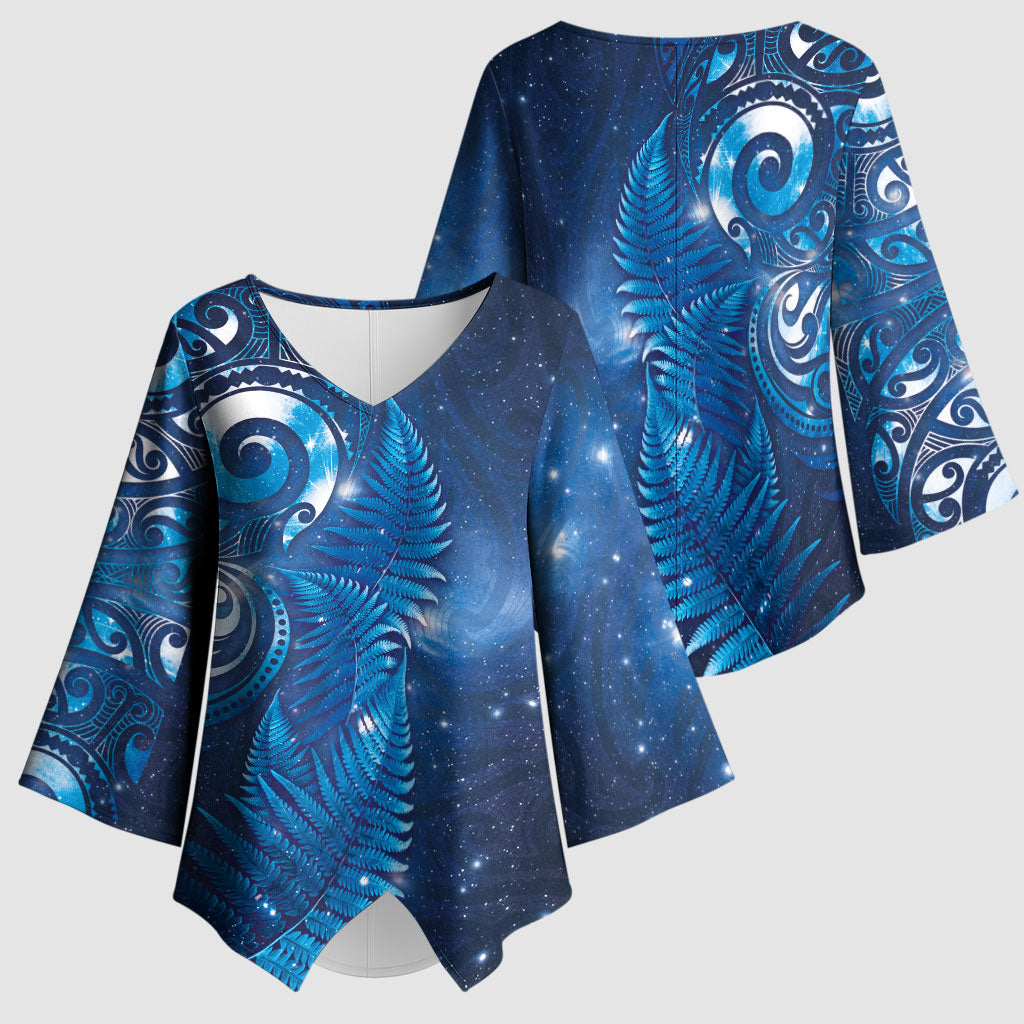Aotearoa New Zealand New Year Kimono Sleeve Blouse Tribal Koru Tattoo Blue Galaxy Maori Silver Fern LT03 - Polynesian Pride
