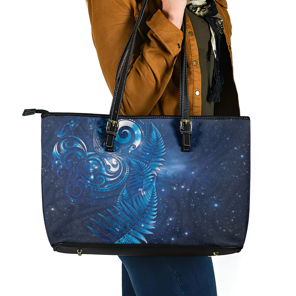 Aotearoa New Zealand New Year Leather Tote Bag Tribal Koru Tattoo Blue Galaxy Maori Silver Fern LT03 - Polynesian Pride