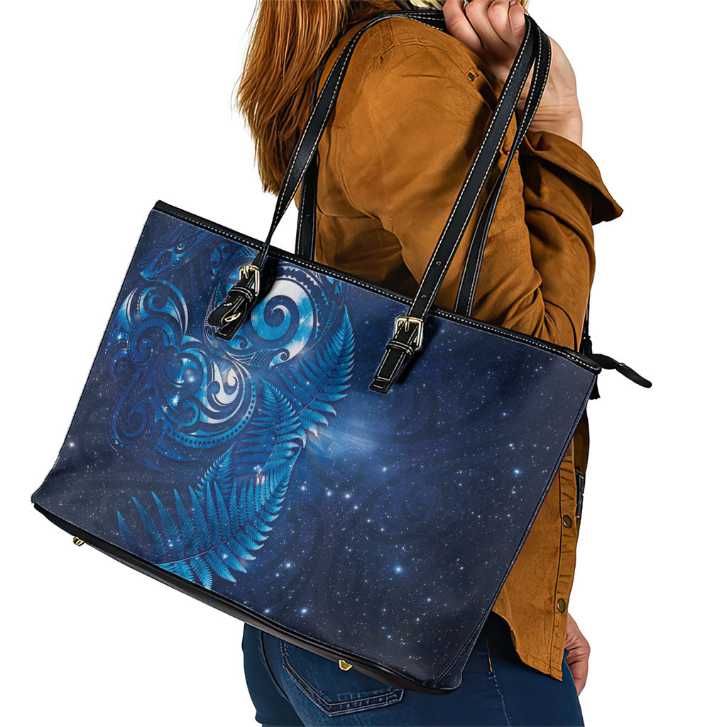 Aotearoa New Zealand New Year Leather Tote Bag Tribal Koru Tattoo Blue Galaxy Maori Silver Fern LT03 - Polynesian Pride