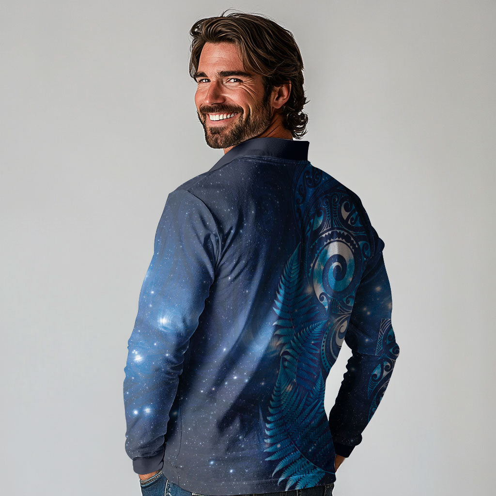 Aotearoa New Zealand New Year Long Sleeve Polo Shirt Tribal Koru Tattoo Blue Galaxy Maori Silver Fern LT03 - Polynesian Pride