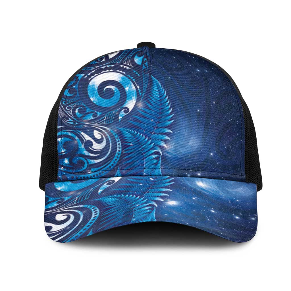 Aotearoa New Zealand New Year Mesh Trucker Cap Tribal Koru Tattoo Blue Galaxy Maori Silver Fern