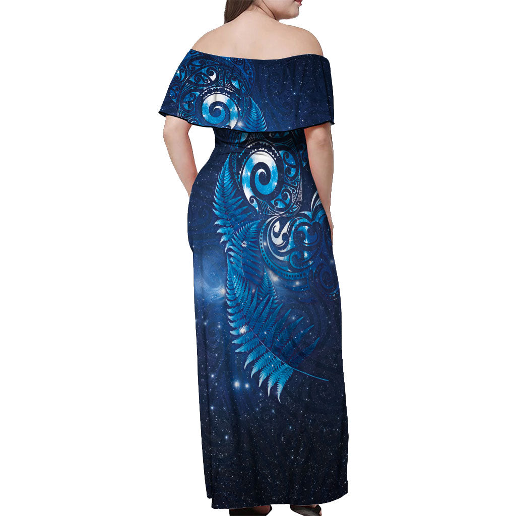 Aotearoa New Zealand New Year Off Shoulder Maxi Dress Tribal Koru Tattoo Blue Galaxy Maori Silver Fern LT03 - Polynesian Pride