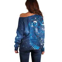Aotearoa New Zealand New Year Off Shoulder Sweater Tribal Koru Tattoo Blue Galaxy Maori Silver Fern