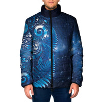 Aotearoa New Zealand New Year Padded Jacket Tribal Koru Tattoo Blue Galaxy Maori Silver Fern
