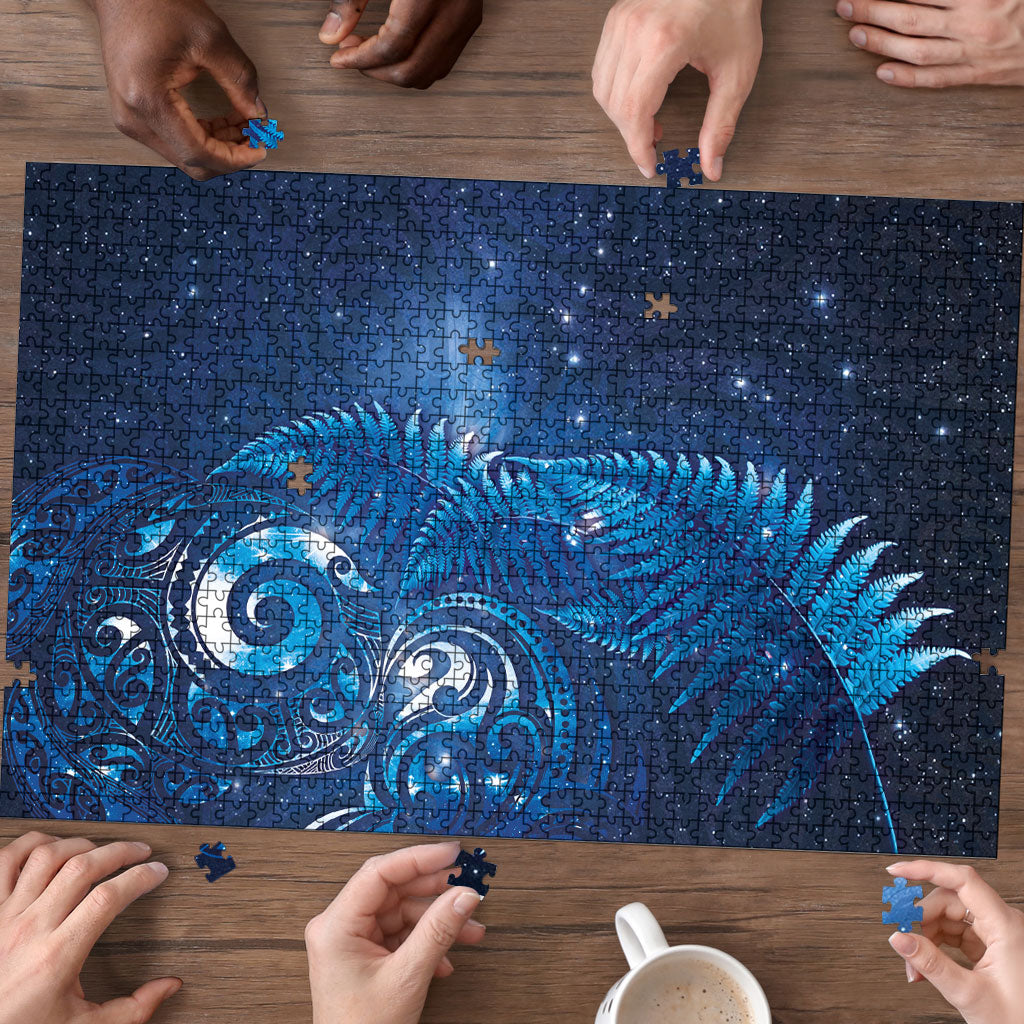 Aotearoa New Zealand New Year Puzzle Tribal Koru Tattoo Blue Galaxy Maori Silver Fern