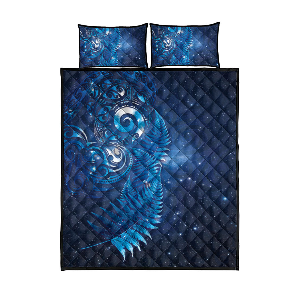 Aotearoa New Zealand New Year Quilt Bed Set Tribal Koru Tattoo Blue Galaxy Maori Silver Fern