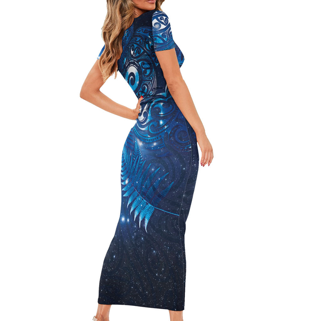 Aotearoa New Zealand New Year Short Sleeve Bodycon Dress Tribal Koru Tattoo Blue Galaxy Maori Silver Fern LT03 - Polynesian Pride