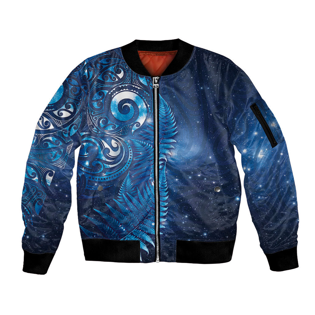 Aotearoa New Zealand New Year Sleeve Zip Bomber Jacket Tribal Koru Tattoo Blue Galaxy Maori Silver Fern